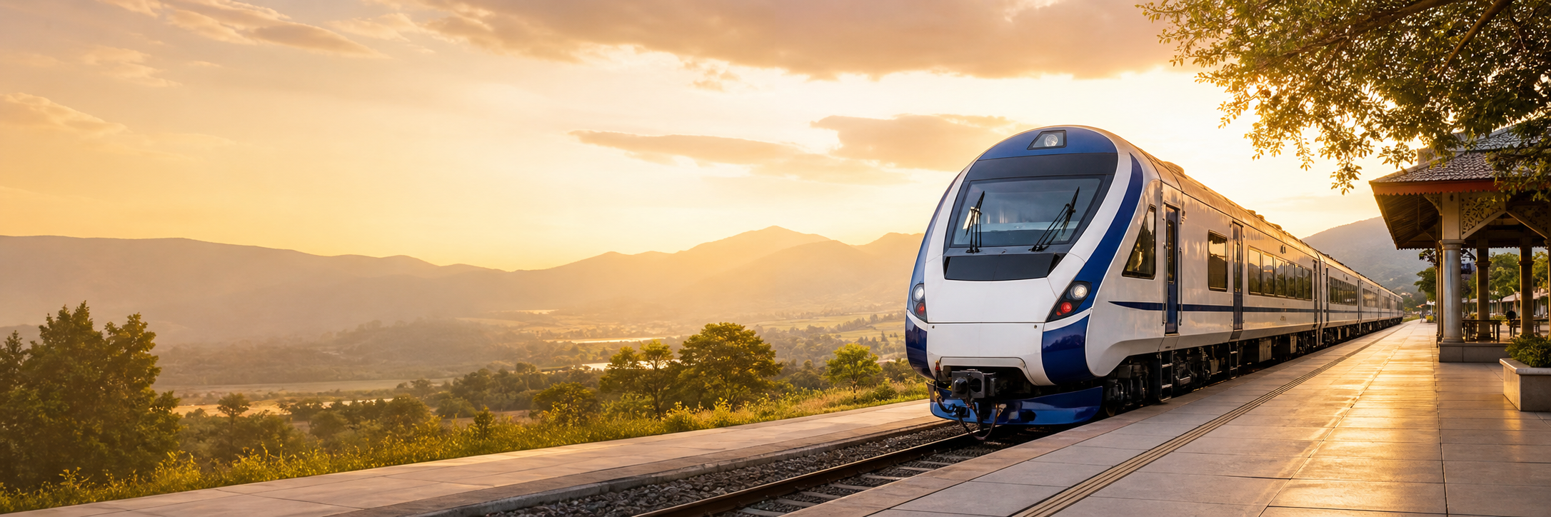 Modern passenger train arriving at a scenic Indian railway station